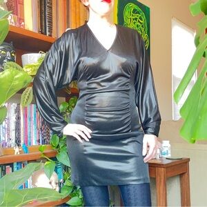 Krizia black long sleeve dress with wet look and shirring down center